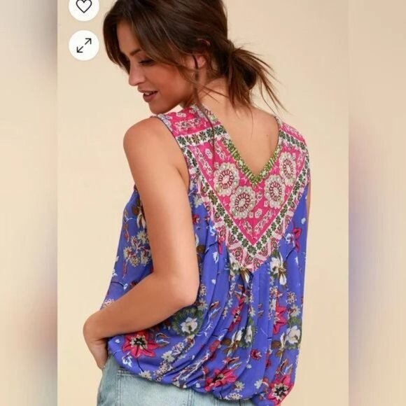 Free People Havana Blue Floral Print Sleeveless Surplice Top Small - Picture 4 of 9